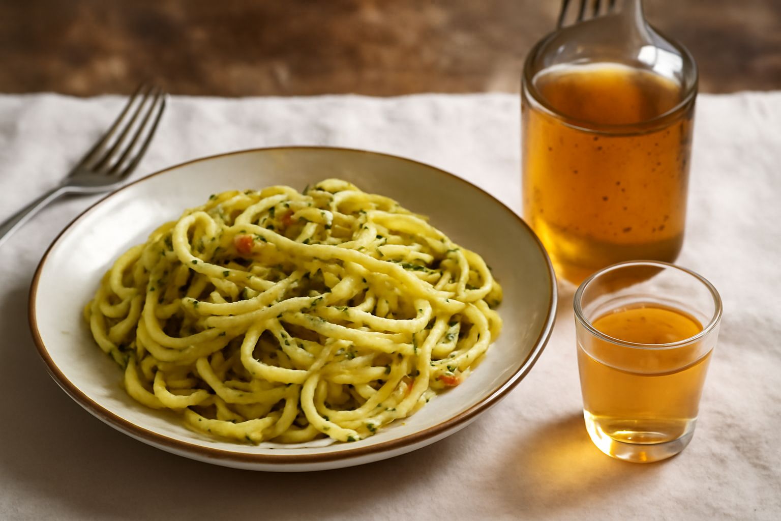Un bicchiere di vetro trasparente contiene il liquore Elisir San Pietro di colore ambrato dorato, con bottiglie di vetro sfuocate sullo sfondo e rametti di erbe aromatiche appoggiate accanto