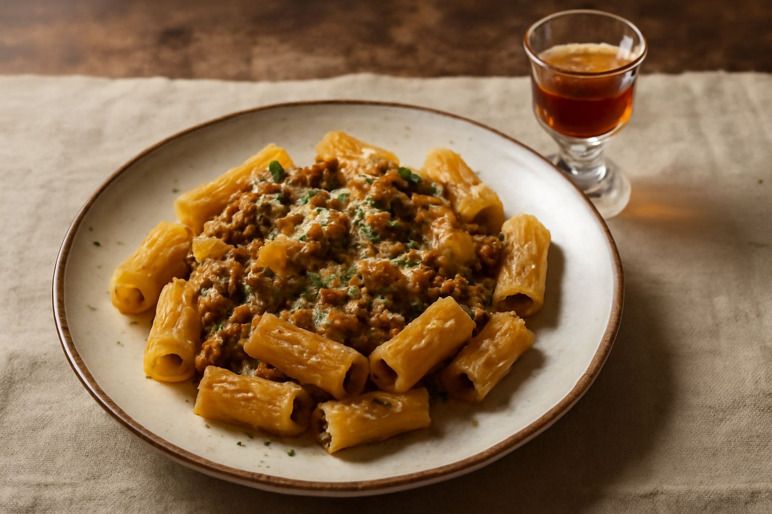 Bicchierino trasparente con elisir viterbese di colore ambrato scuro, poggiato su un tavolo di legno accanto a radici secche, fiori di camomilla e erbe aromatiche fresche