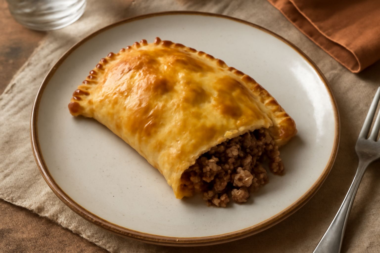 Tre empanadas dorate e croccanti disposte su un piatto bianco, tagliate a metà per mostrare il ripieno di carne macinata, cipolla e olive verdi, con una salsa rossa al pomodoro di accompagnamento