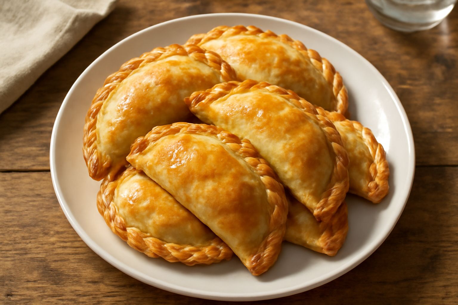 Quattro empanadas dorate e croccanti disposte su un piatto bianco, con piega semicircolare ben definita, superficie lucida, contorno di lime fresco e salsa rossa in ciotola accanto
