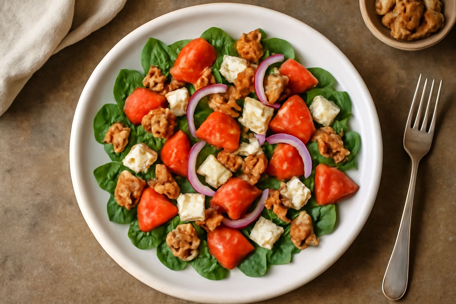 Insalata di montagna in una ciotola di vetro con foglie di lattuga verde, pomodori rossi tagliati, formaggio bianco sbriciolato, noci spezzate e cipolla rossa, condita con olio e aceto