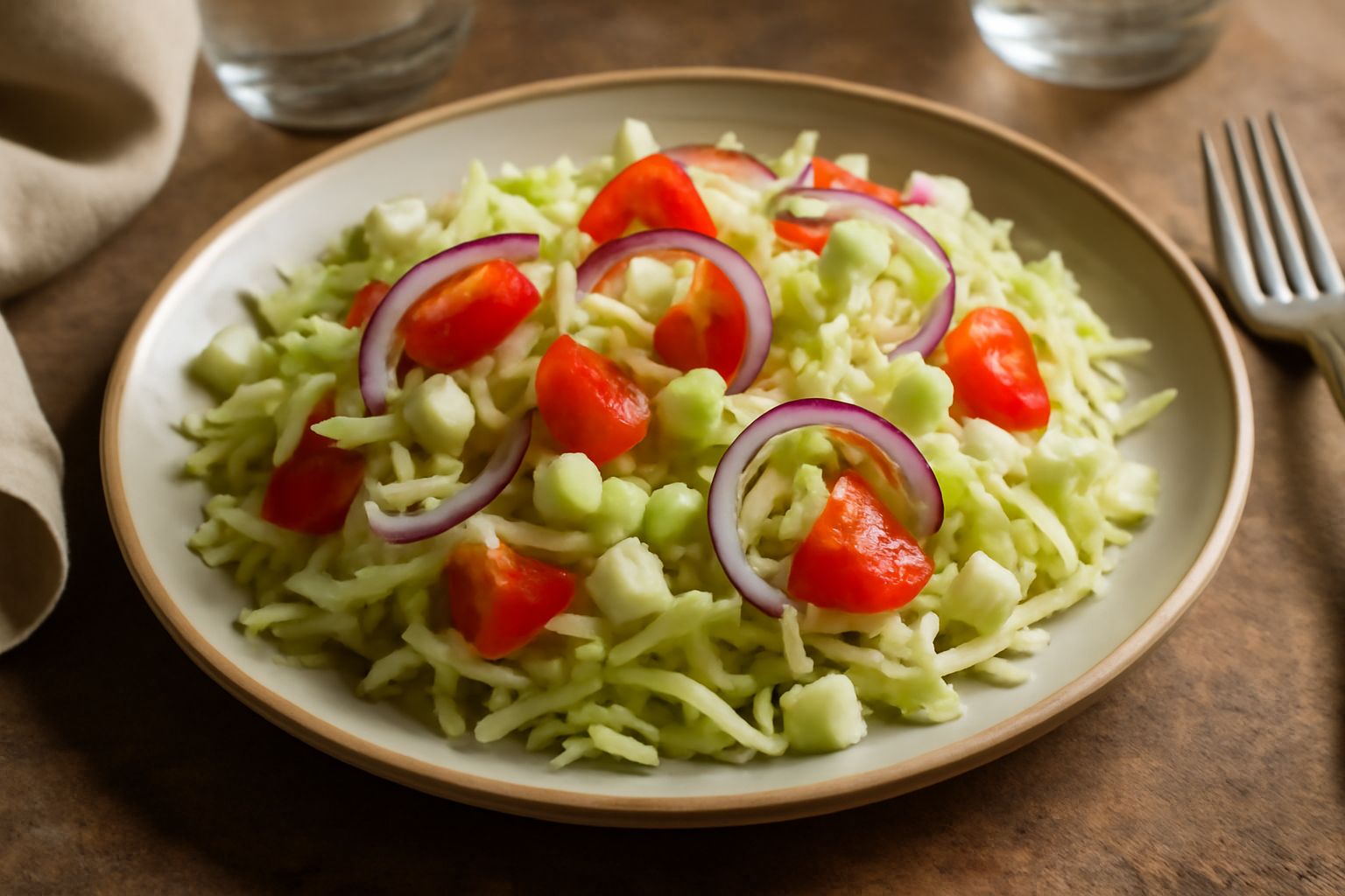 Insalata in ciotola bianca con cavolo a fette sottili di colore verde chiaro, sedano bianco, pomodori rossi tagliati, cipolla violastra, condita con olio trasparente che lucida le verdure, servita su 