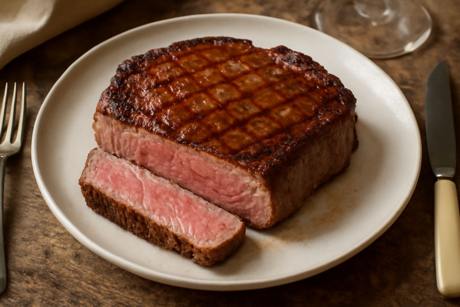 Bistecca di entrecôte al punto medio-cotta, color bruno dorato con crosticina caramellata, servita con sale marino grosso e un rametto di rosmarino, su piatto bianco
