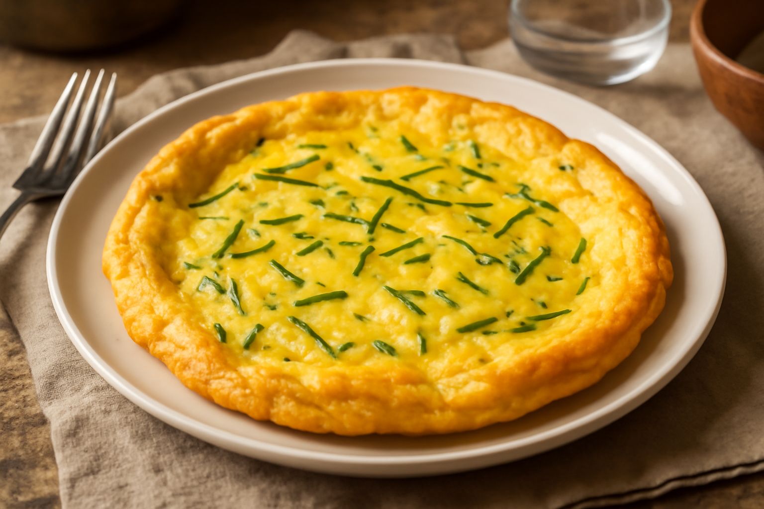 Frittata dorata con punte di erba cipollina verde brillante, tagliata a spicchi in un piatto bianco, su sfondo di uova crude e mazzo di erba cipollina fresca