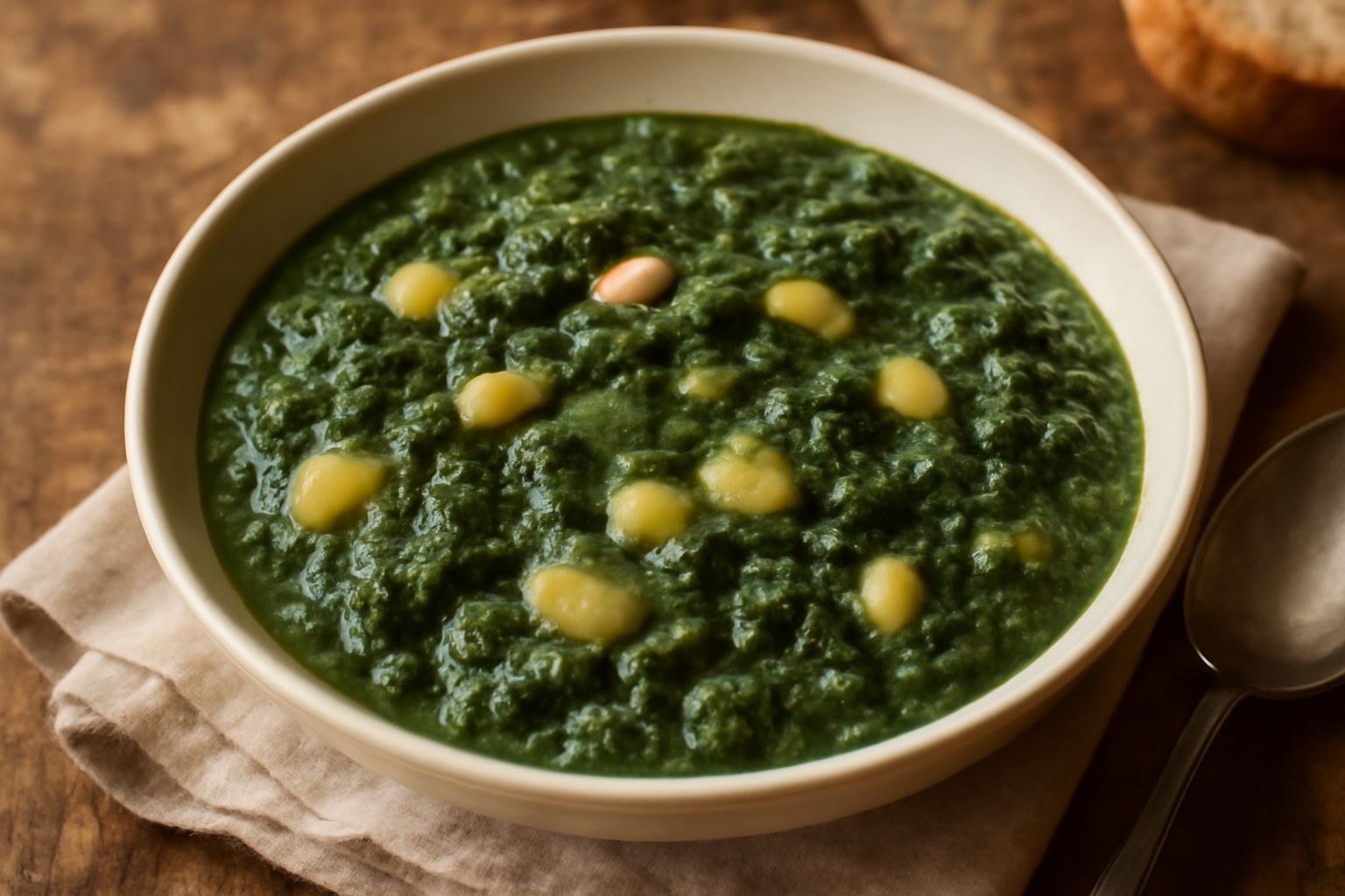 Erbada in ciotola bianca, zuppa densa e cremosa di colore verde scuro con verdure morbide e legumi, servita con pane tostato ai bordi del piatto
