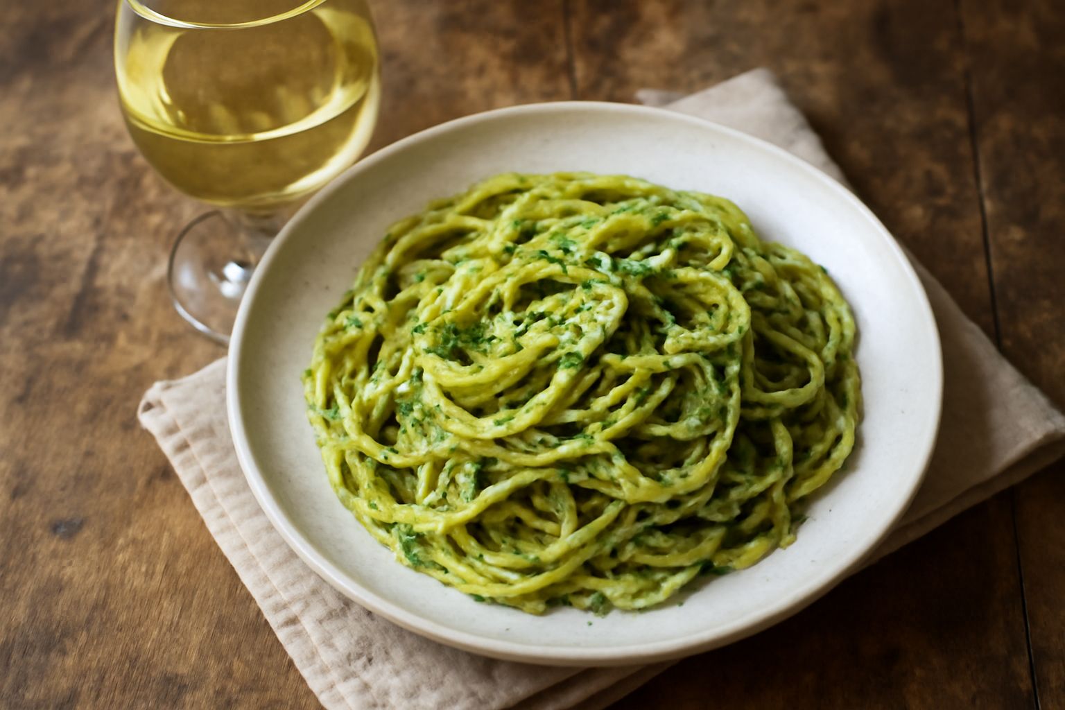 Bicchiere di vino bianco Erbaluce di Caluso dal colore giallo paglierino, con riflessi verdi, servito su tavolo di legno chiaro accanto a un piatto di pesce bianco cotto al vapore e limone fresco