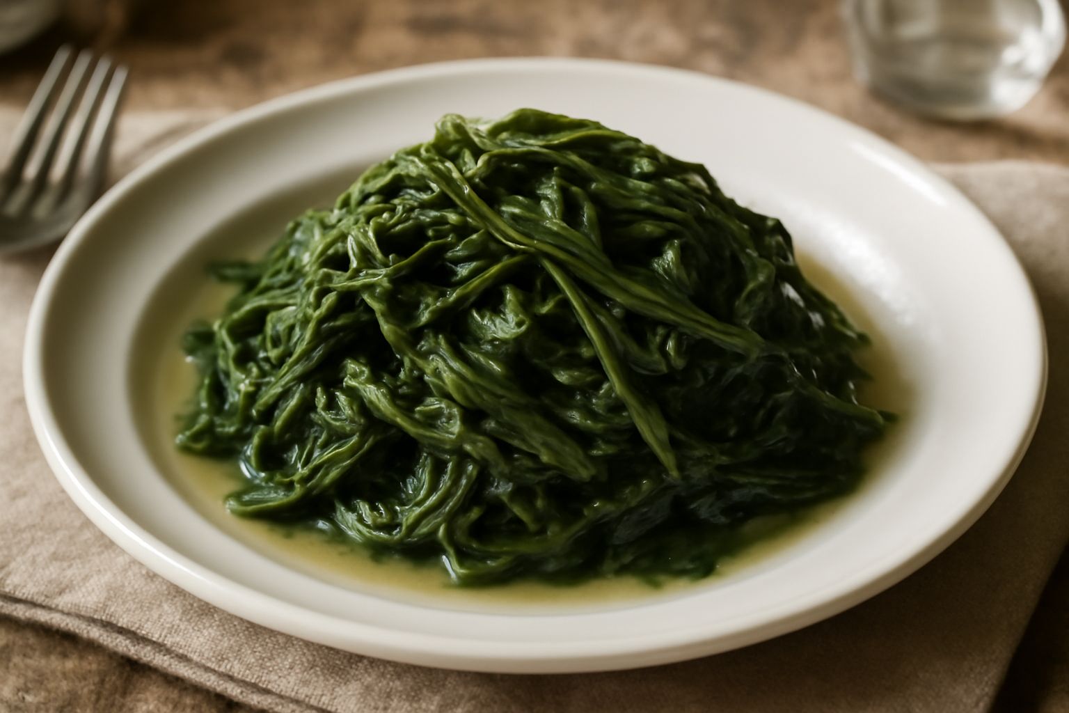 Erbas cocidas servite in un piatto bianco: erbe verdi e morbide, ancora umide, condite con olio d'oliva dorato, su sfondo di legno rustico