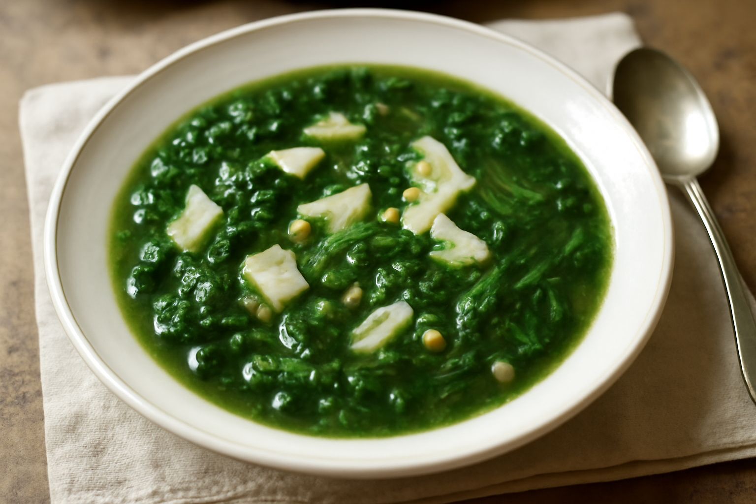 Ciotola di «erbas cotta» con cavolo trito, spinaci verdi e legumi in brodo leggero, servita con cucchiaio di legno su fondo neutro