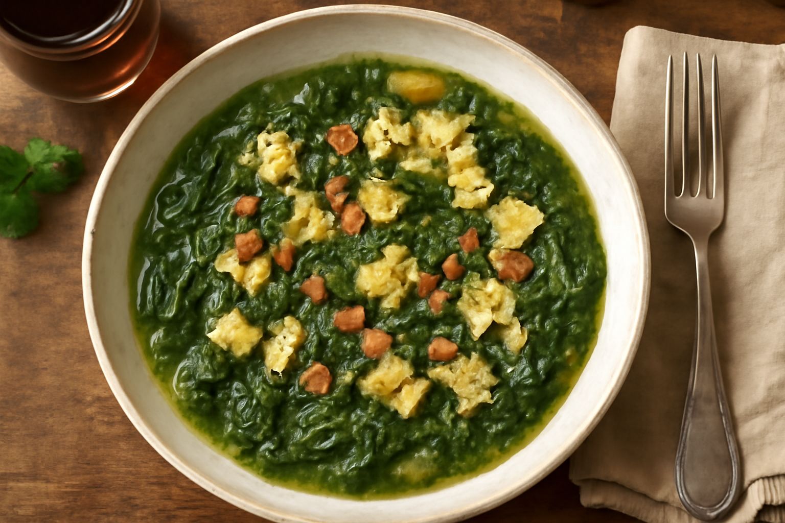 Piatto fondo di ceramica bianca riempito di «erbas de sa muda» con erbe verdi e tenere immerse in brodo chiaro, pancetta dorata ai bordi, pane carasau sbriciolato in superficie, vapore leggero che sal