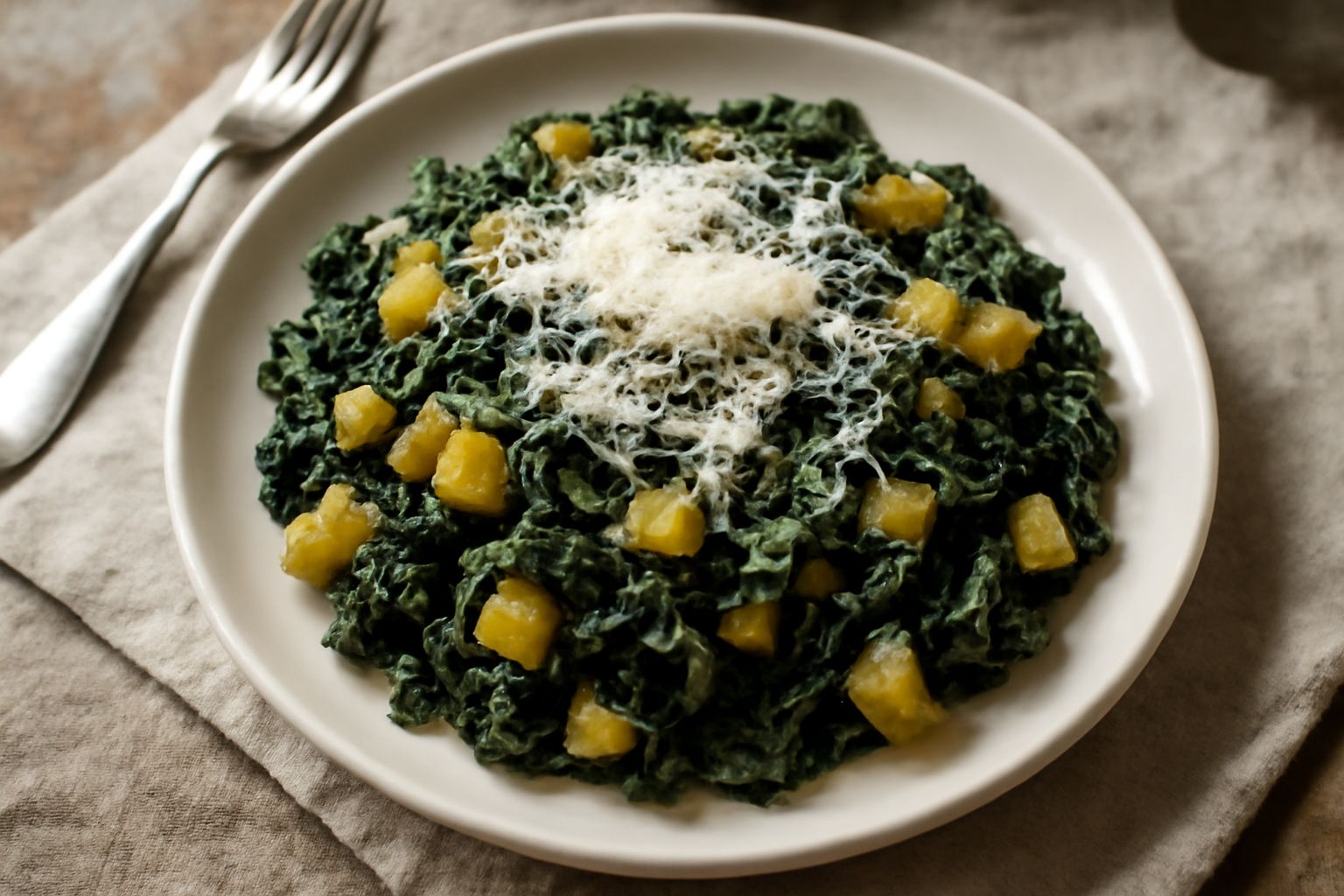 Piatto bianco con erbas e patatas: patate gialle a dadini, verdure verdi scure saltate, formaggio grattugiato bianco distribuito in superficie, contorni di olio d'oliva lucido