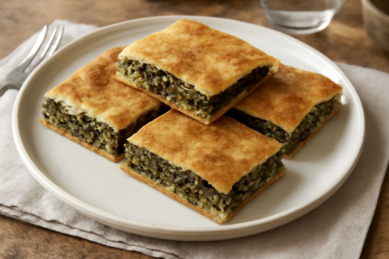 Erbazzone appena sfornato, tagliato in fette, con ripieno verde di verdure e formaggio filante, posato su un tavolo bianco con un coltello affilato accanto
