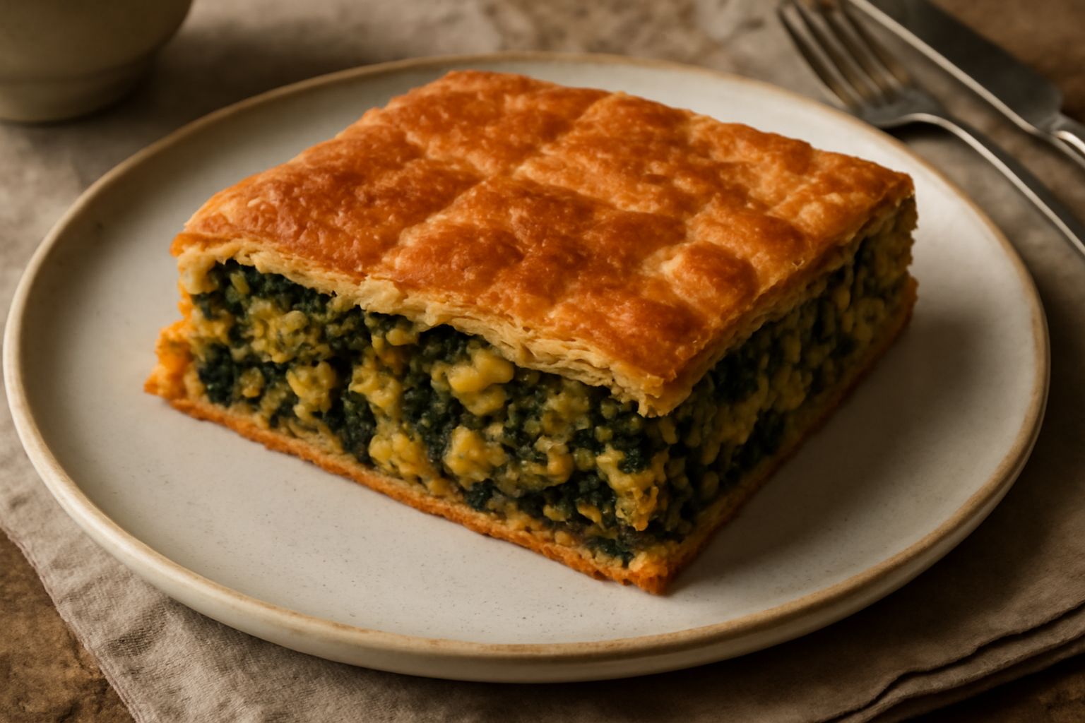 Un'erbazzone appena sfornata, squadrata e croccante, dorata in superficie, con il ripieno di verdure verdi che traspaiono dai lati tagliati, servita su un piatto bianco.