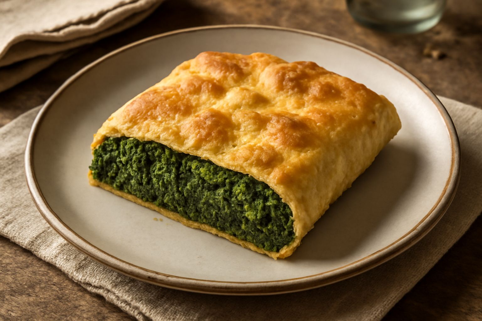 Erbazzone tagliato in fette quadrate, pasta gialla dorata che incornicia un ripieno verde scuro di bietole e verdure, superficie lucida, impiattamento su tavolo di legno rustico