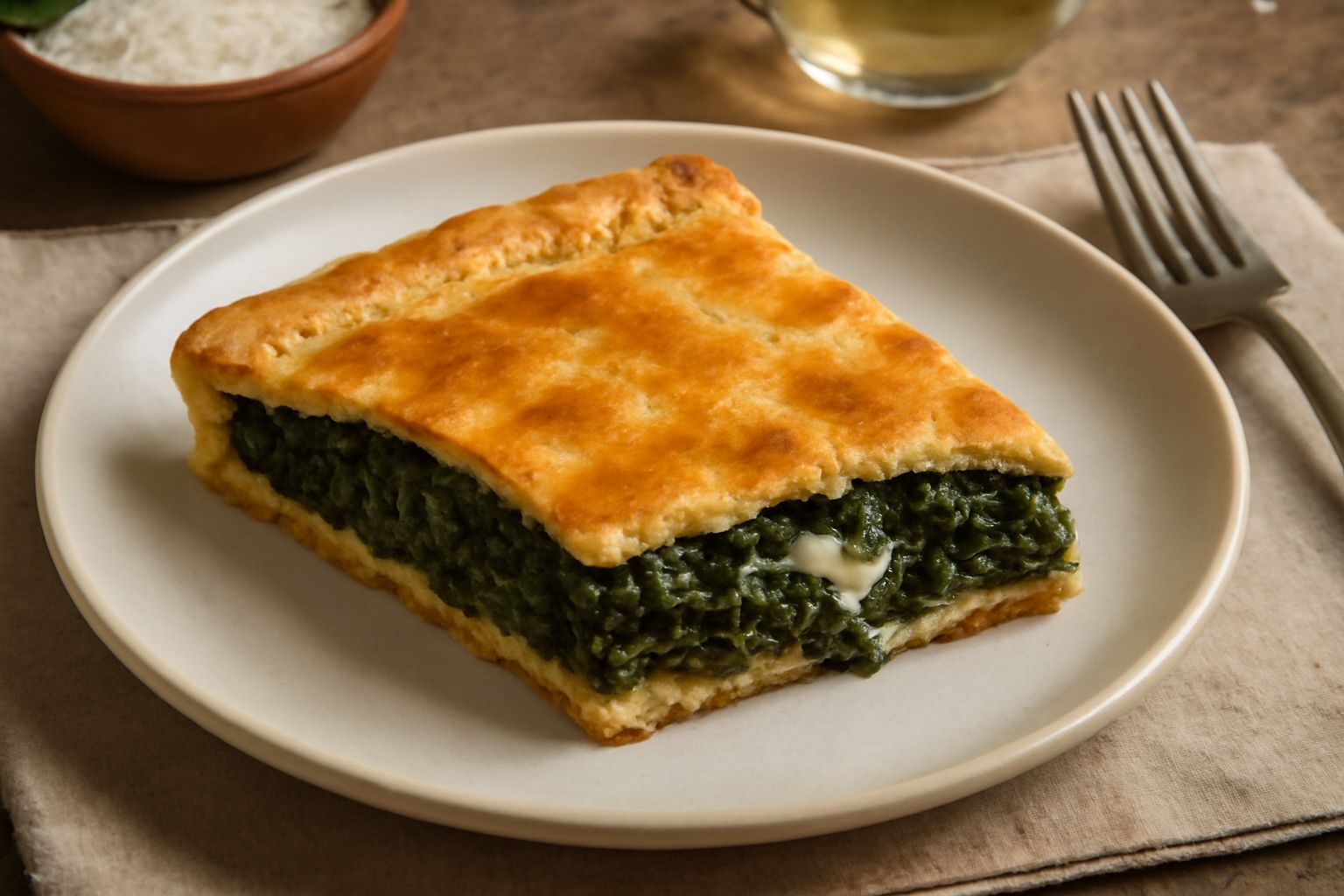 Erbazzone cosentino tagliato a fette, con pasta dorata e croccante, interno ricco di cicoria verde scuro e formaggio filante, servito in piatto bianco