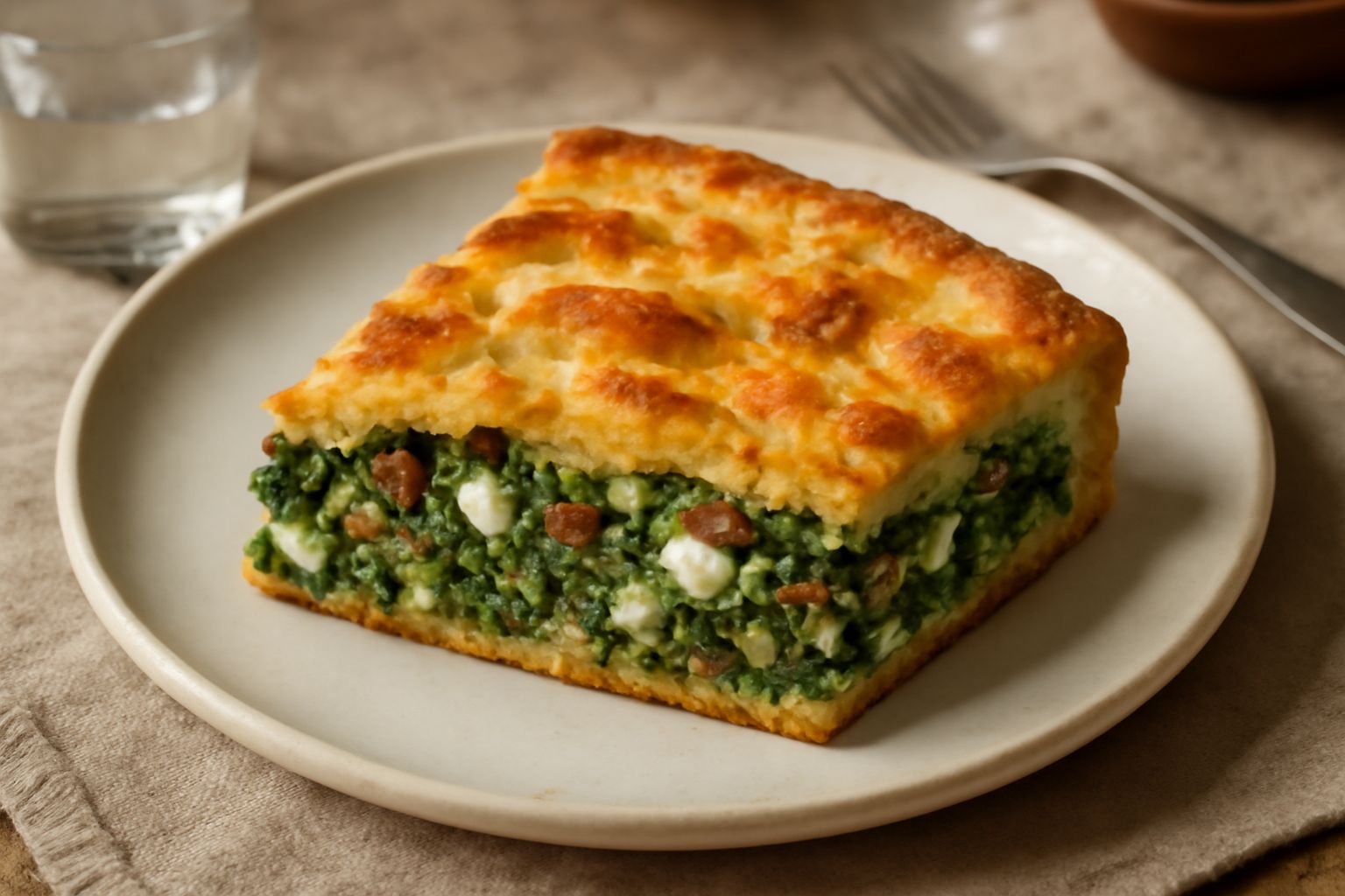 Erbazzone cun pani affettato su piatto bianco, con sfoglia dorata croccante, ripieno verde di verdure mescolate e striature dorate di formaggio fuso, vapore leggero dal taglio fresco