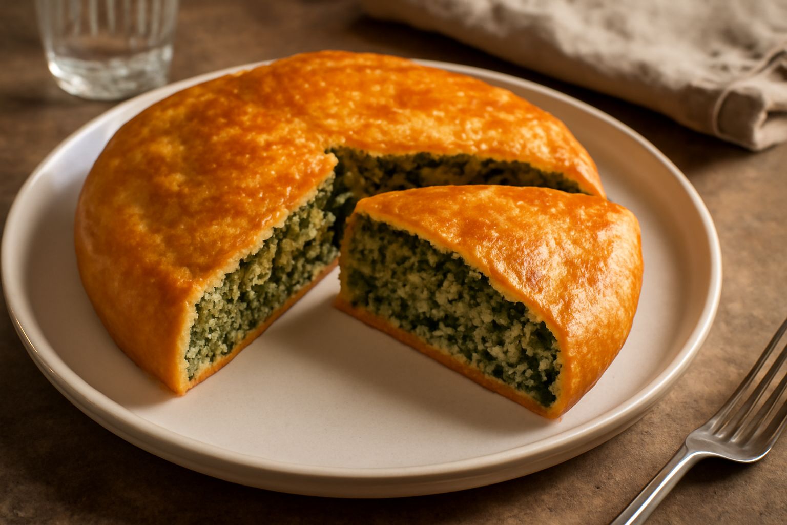Erbazzone appena sfornato, dalla forma rotonda leggermente bombata, con superficie dorata e croccante, tagliato a spicchi che mostrano il ripieno verde intenso di verdure, servito in un piatto bianco 
