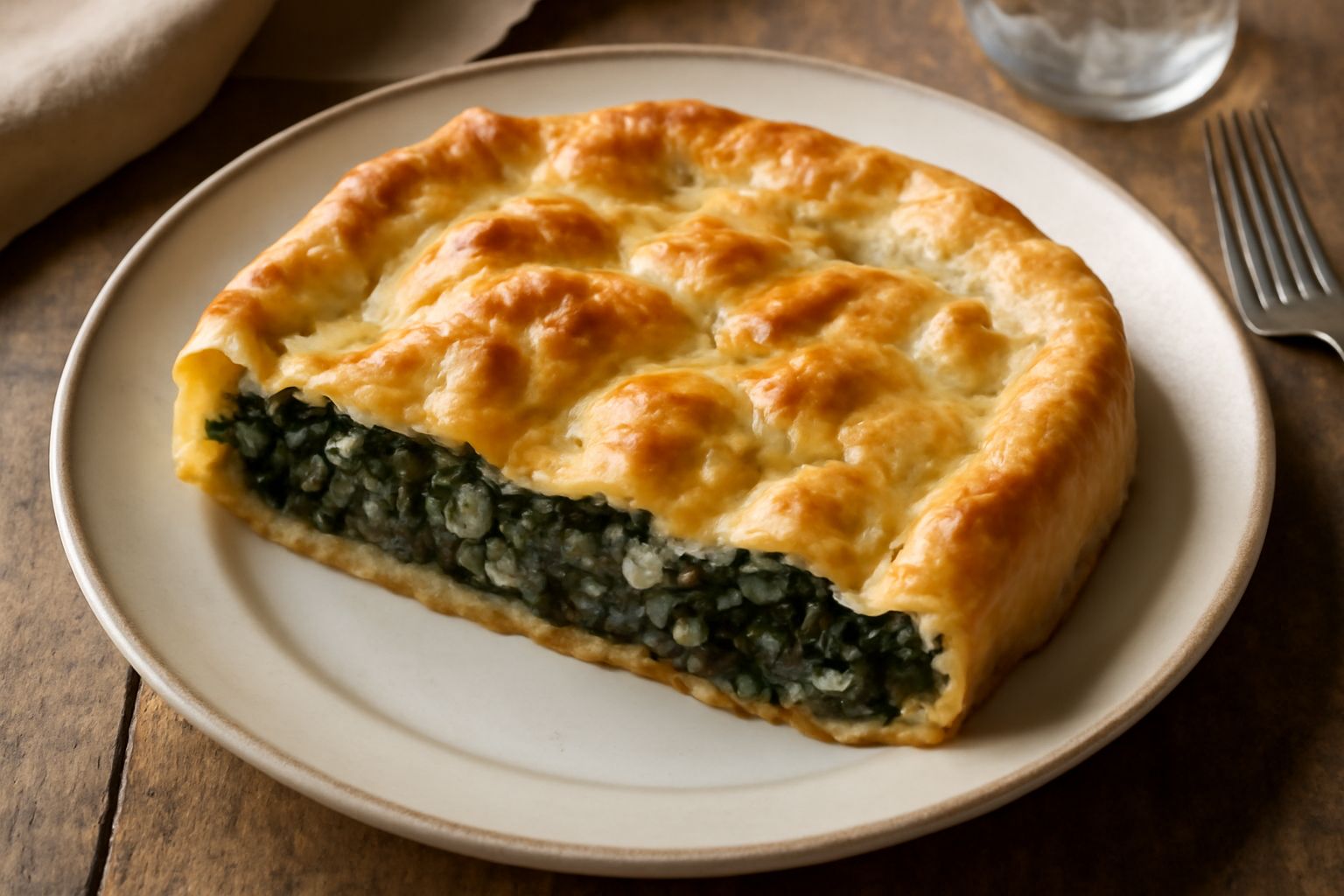 Erbazzone dorato appena sfornato, tagliato in due rettangoli, con ripieno visibile di bietola verde scuro, riso e cipolla, pasta croccante esterna, servito su piatto bianco con tovaglia in lino
