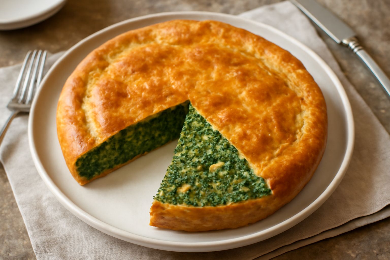 Erbazzone dolce a fette su piatto bianco, con superficie dorata e screpolata, ripieno verde chiaro visibile al taglio, bordo fragrante e croccante, decorato con pinoli tostati