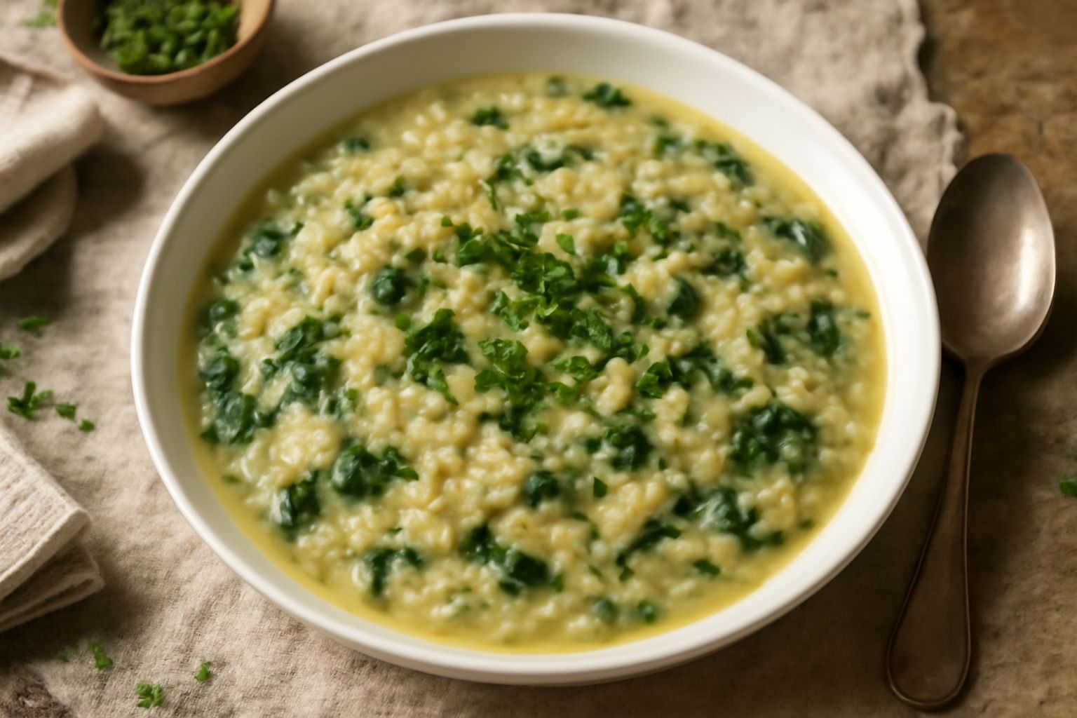 Piatto fondo di ceramica con erbazzone in brodo: riso morbido e verdure verdi immerse in brodo chiaro e fumante, con prezzemolo fresco tritato in superficie e un filo di olio d'oliva