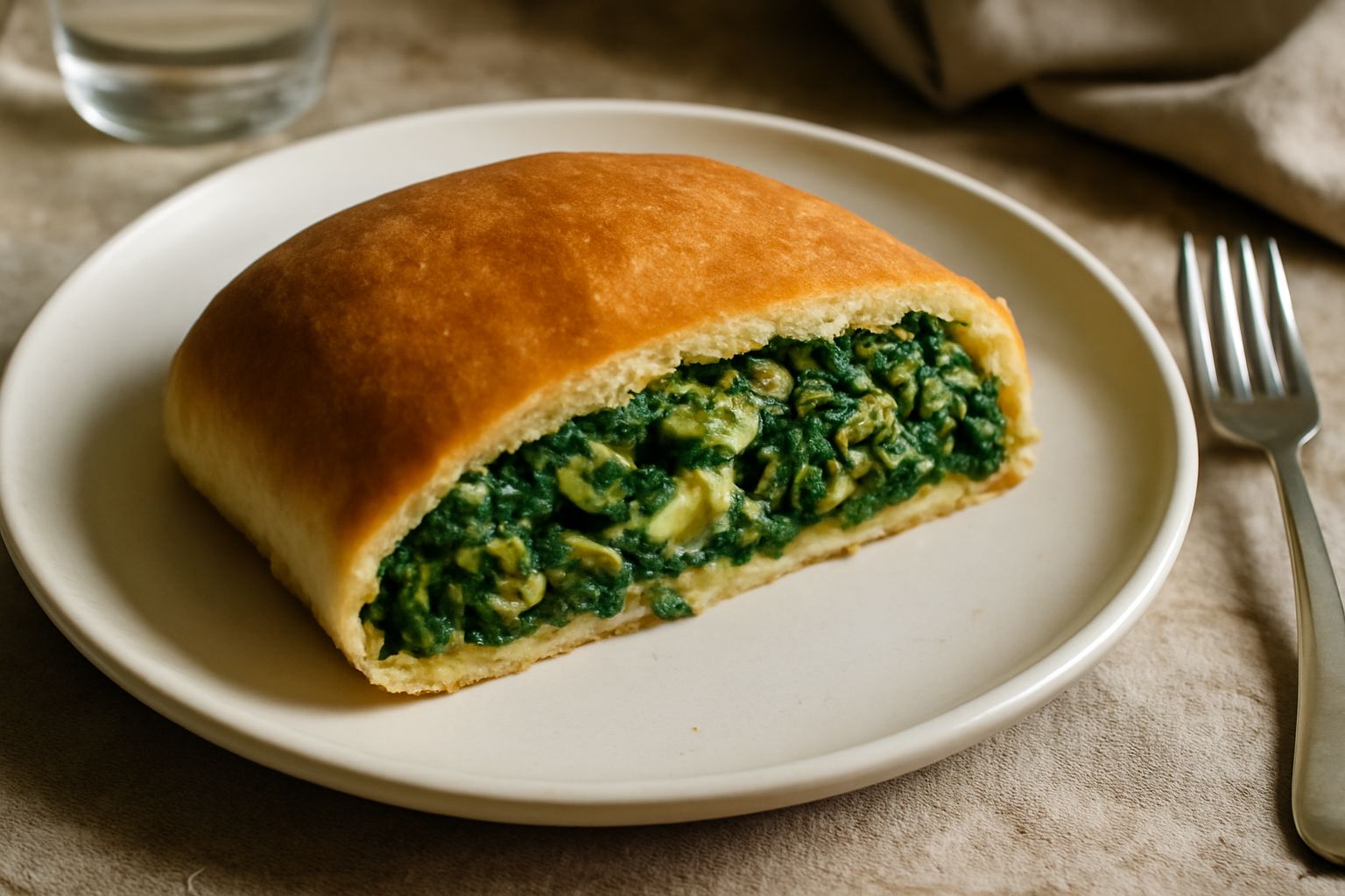 Erbazzone marchigiano intero appena sfornato, dalla crosta dorata e lievemente gonfia, tagliato a spicchi triangolari su un piatto bianco, ripieno di verdure verdi e gialle ben visibili nella sezione