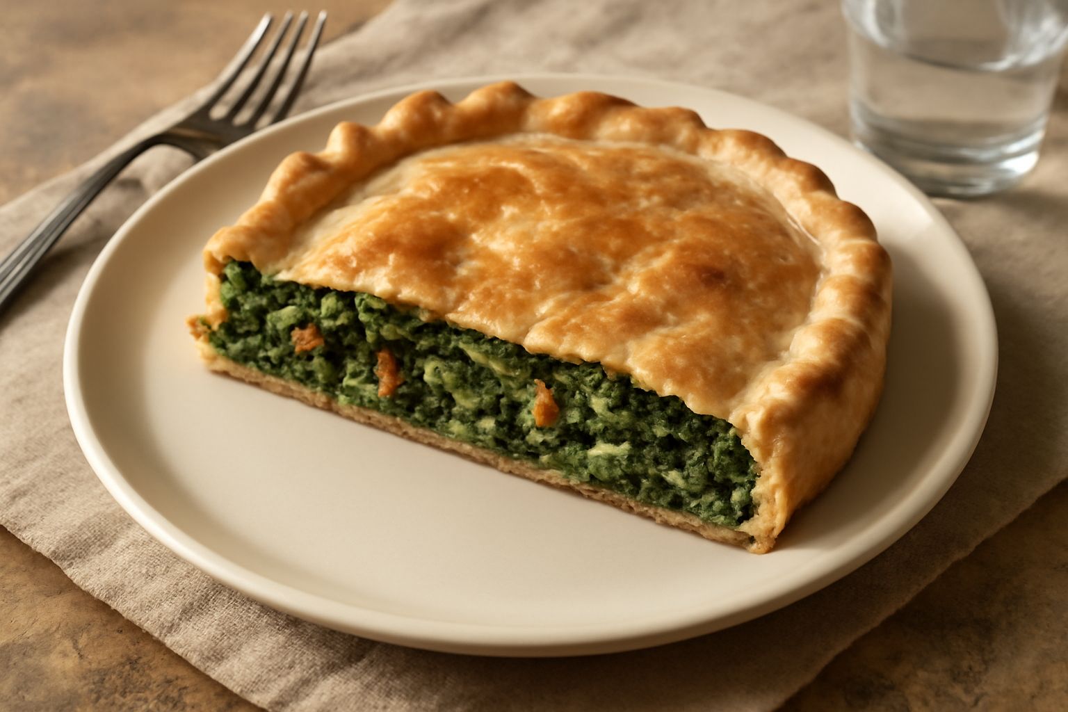 Erbazzone parmigiano tagliato a spicchi su piatto bianco, con sfoglia dorata croccante e ripieno verde di erbette ben visibile al taglio, guarnito di parmigiano grattugiato