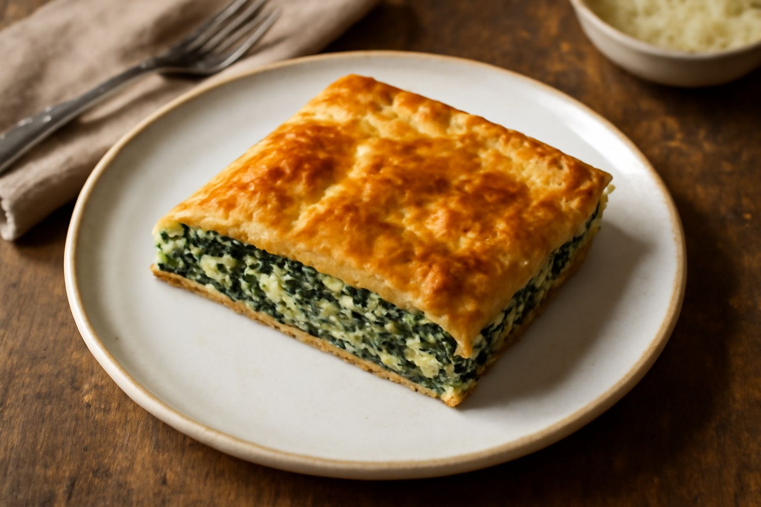Erbazzone ripieno appena sfornato, dorato in superficie, tagliato a fette rettangolari che mostrano il ripieno interno di verdure verdi, ricotta bianca e formaggio, servito su un piatto bianco con un 