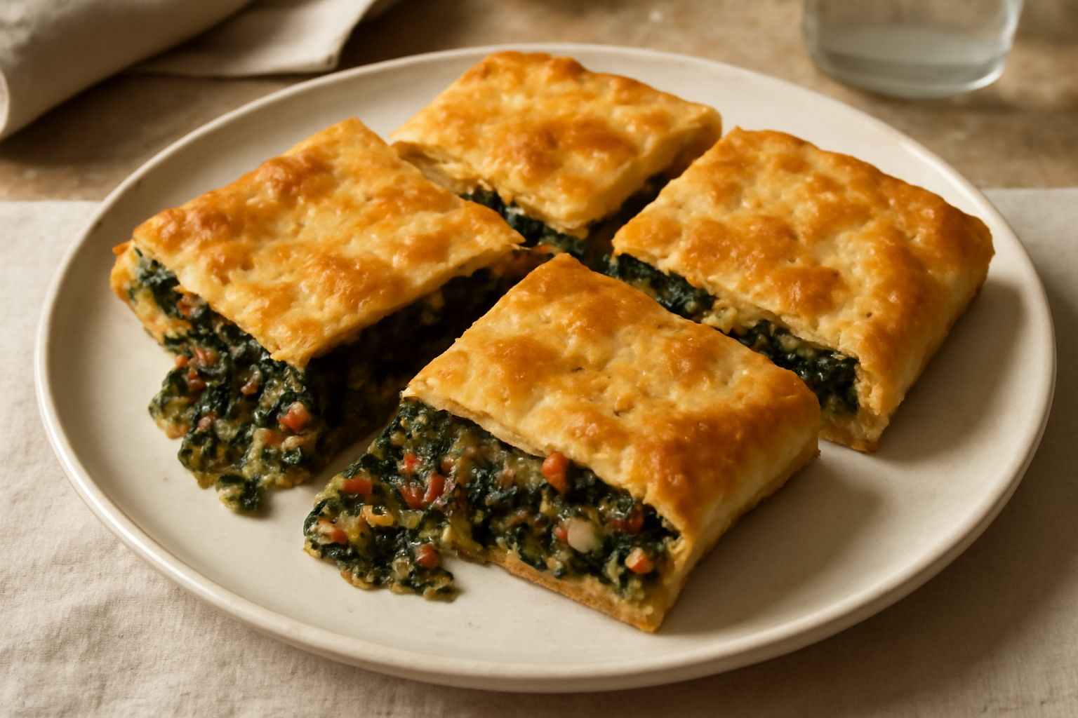 Erbazzone dorato a fette su un piatto bianco, ripieno visibile di verdure verdi e gialle, impasto croccante e burattato, contorno di pomodori freschi