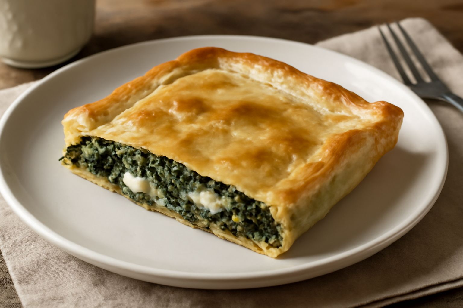 Erbazzone veneto affettato in piazza bianca, con pasta sfoglia dorata e croccante, ripieno verde di verdure e formaggio bianco filante visibile nella sezione, guarnito con prezzemolo fresco