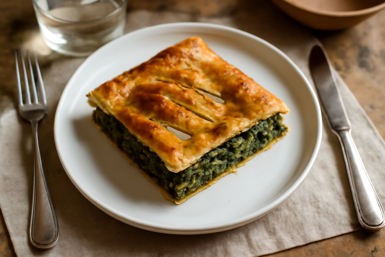 Erbazzone tagliato a fette su un piatto bianco, pasta dorata e croccante, ripieno di verdure verdi e formaggio visibile in sezione