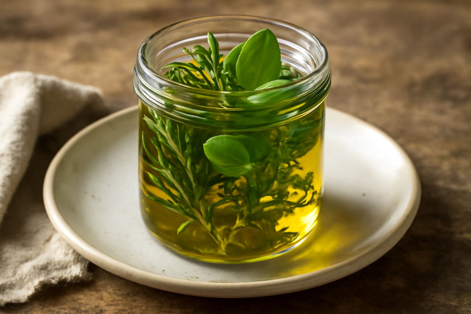 Barattolo di vetro trasparente con rametti di rosmarino, basilico e timo immersi in olio extra vergine, sfondo bianco, foglie verdi ben visibili attraverso il vetro