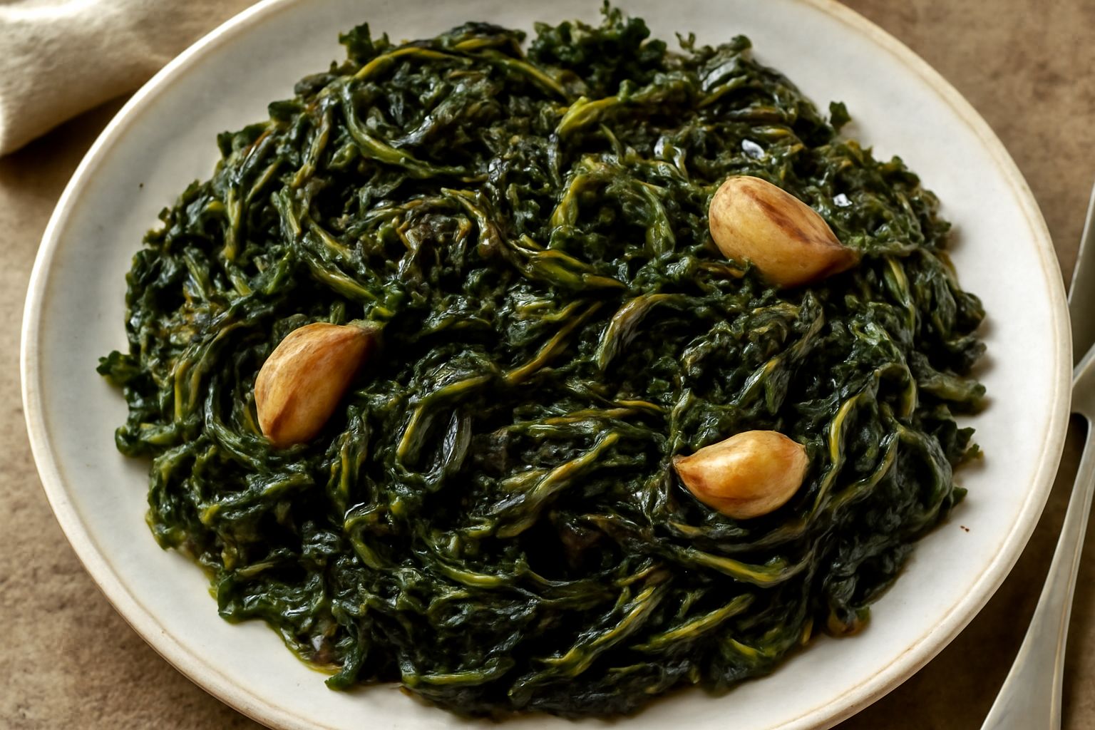 Erbe di campo scure e verdi disposte in un piatto bianco, leggermente unte di olio, con aglio dorato e un filo di olio extravergine a vista