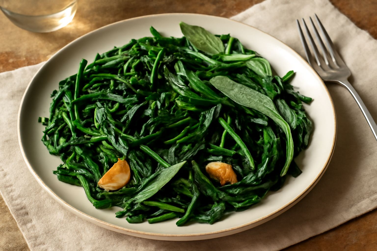 Erbe di campo verdi e croccanti saltate in una padella di ferro, con spicchi d'aglio dorato, gocce d'olio che brillano, servite in un piatto bianco con limone fresco a spicchi.
