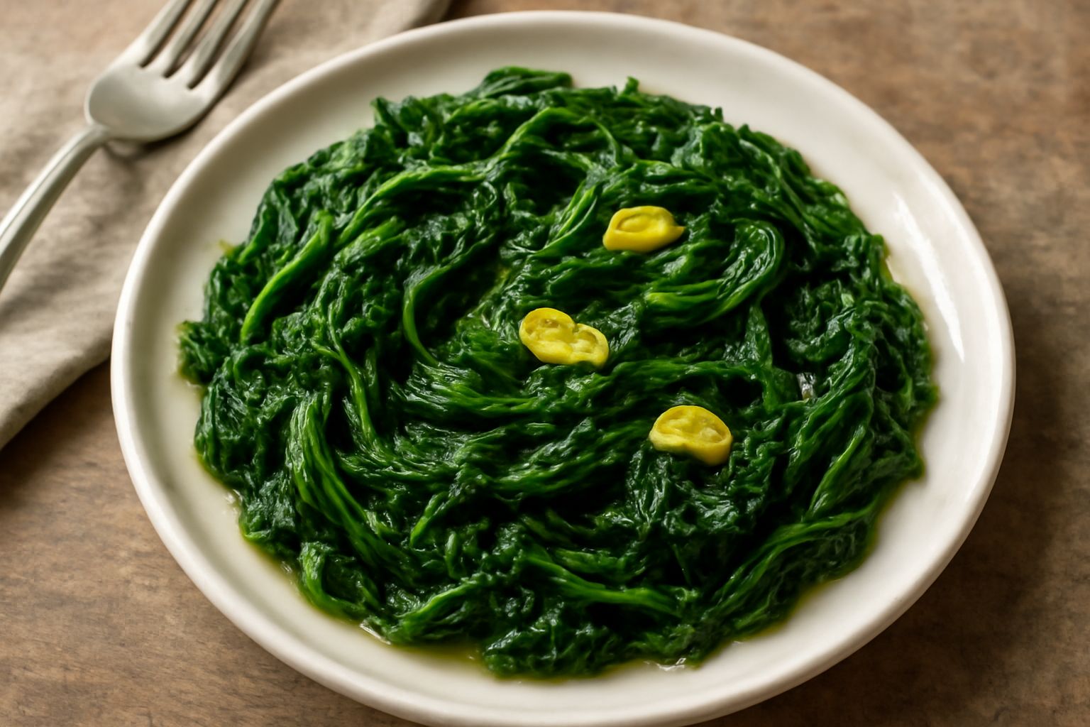 Piatto bianco con erbe selvatiche cotte di colore verde intenso, saltate in olio d'oliva, con spicchi di aglio dorato sparsi, servite come contorno