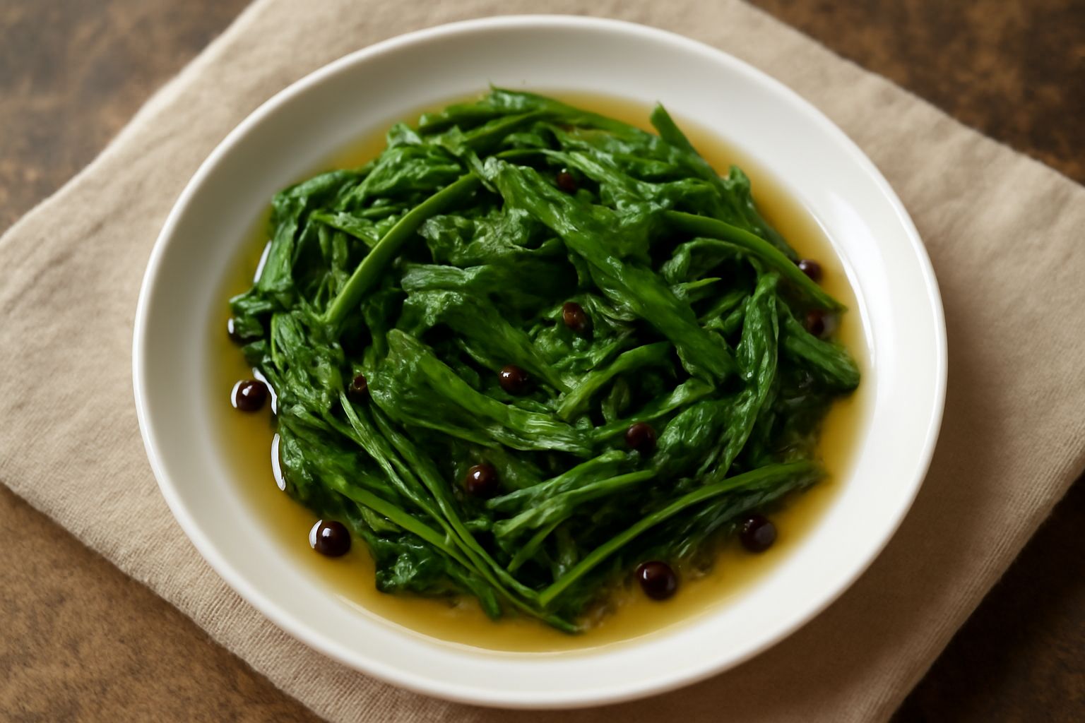 Barattolo di vetro trasparente con erbe spontanee verdi croccanti immerse in un liquido limpido ambrato, con chiodi di garofano, grani di pepe nero visibili, su un tavolo di legno con una stoffa natur