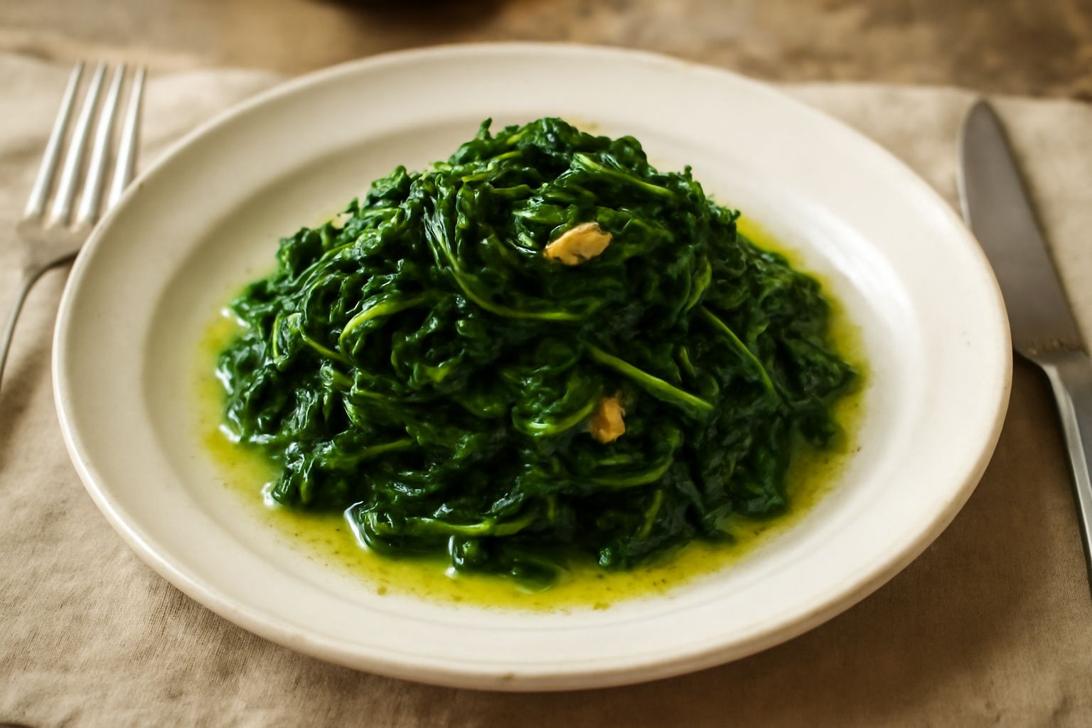Erbette cotte verde scuro in padella, condite con olio d'oliva e aglio dorato, fumanti, servite in piatto bianco con filo di olio crudo in superficie