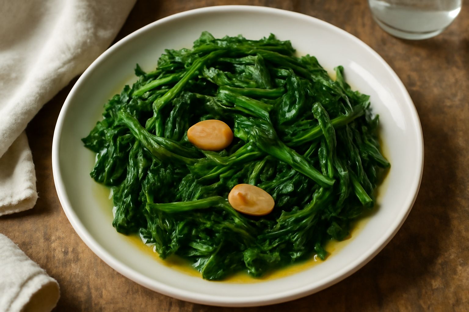 Erbette di campo saltate in padella di ferro, verde intenso, con aglio dorato, olio d'oliva lucente, servite in piatto bianco con limone a spicchi