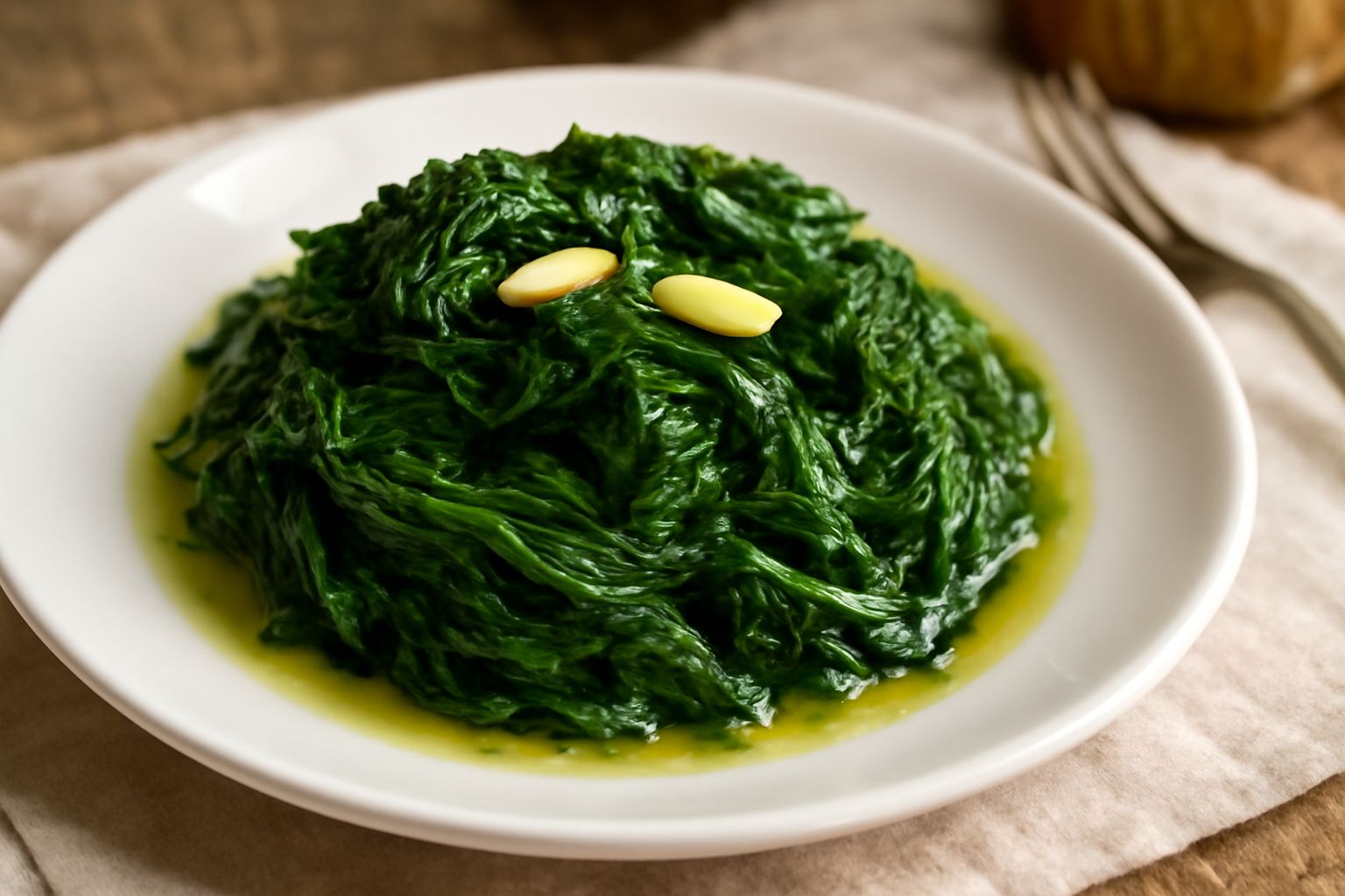 Erbette di campo verdi e tenere in un piatto bianco con gocce d'acqua, condite con olio d'oliva e aglio, vapore ancora visibile dalla cottura