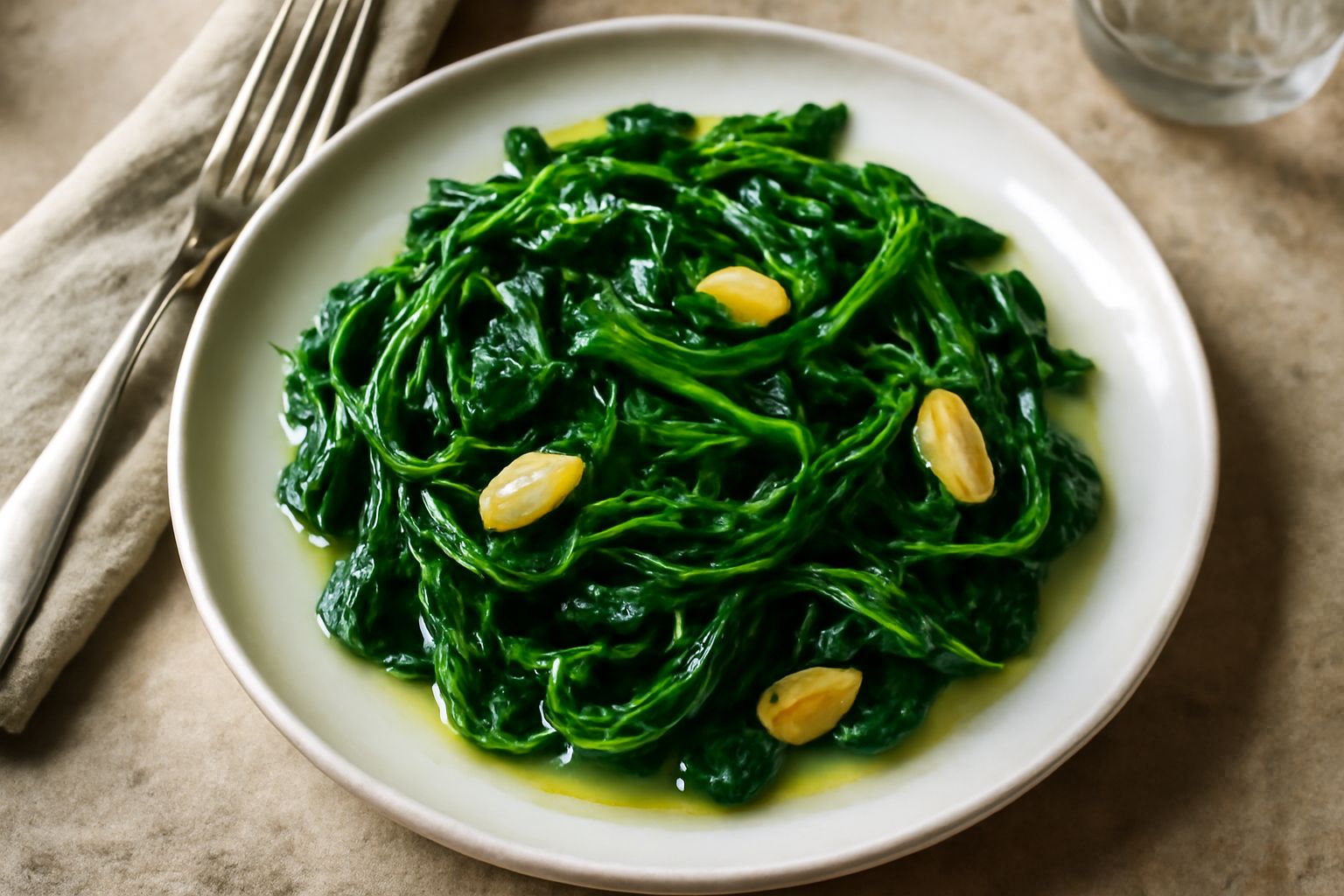 Erbette verdi brillanti in padella nera, leggermente appassite, con aglio dorato e fili di olio d'oliva, servite in un piatto bianco