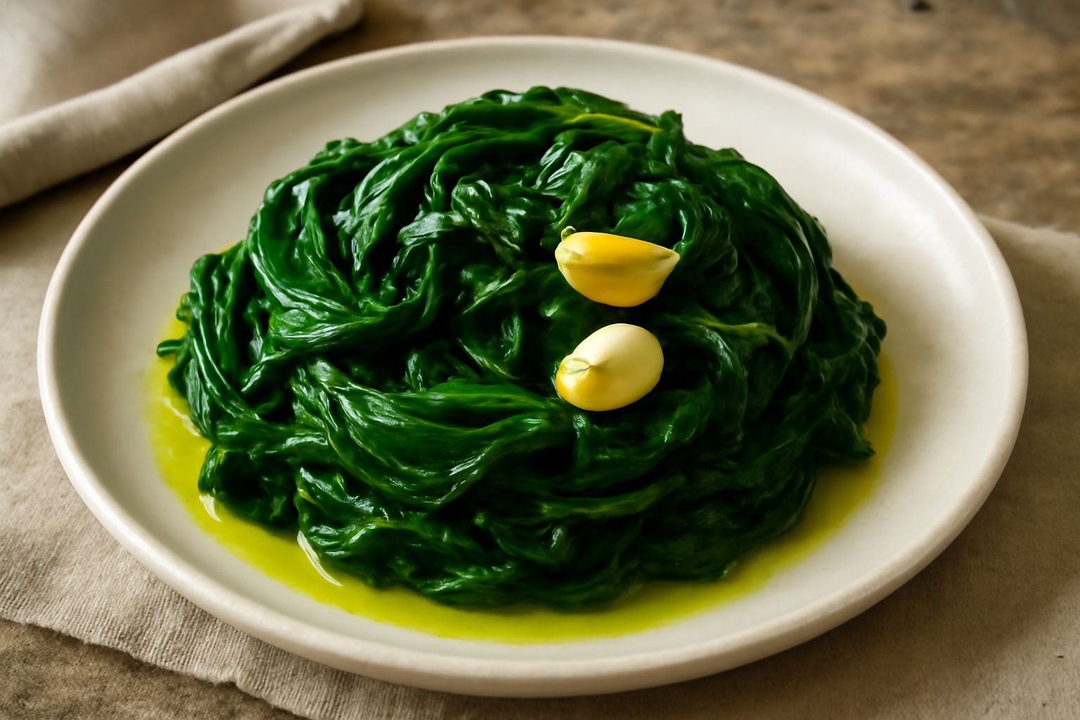 Erbette lessate di colore verde brillante su un piatto bianco, condite con olio extravergine e spicchi di aglio dorato, vapore ancora visibile