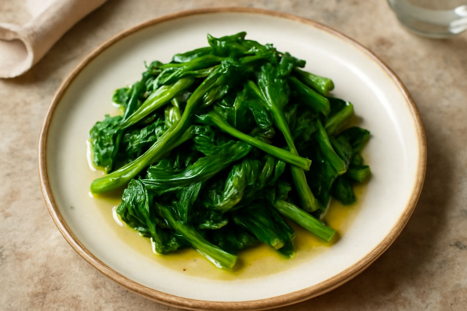 Erbette verdi cotte in una padella di ferro, saltate in olio dorato, con spicchi di aglio leggermente dorati ai bordi e un filo d'olio lucente