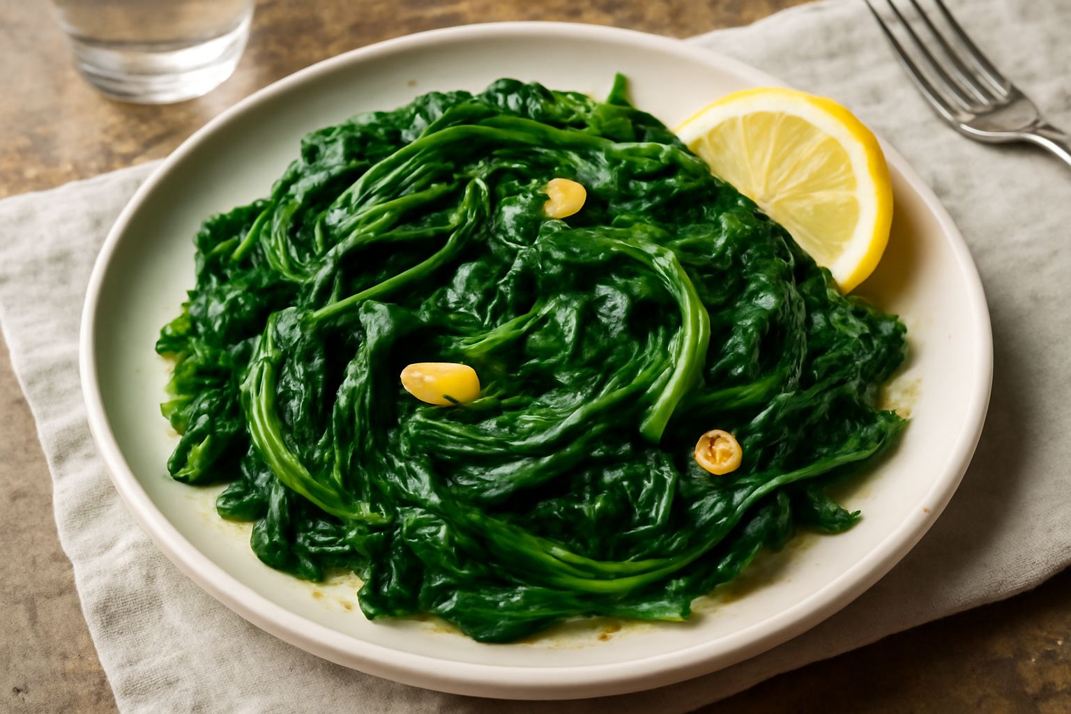 Erbette verdi brillante ripassate in padella, leggermente appassite, con spicchi d'aglio dorato, cosparse di olio lucido e gocce di limone fresco, servite in un piatto bianco rotondo