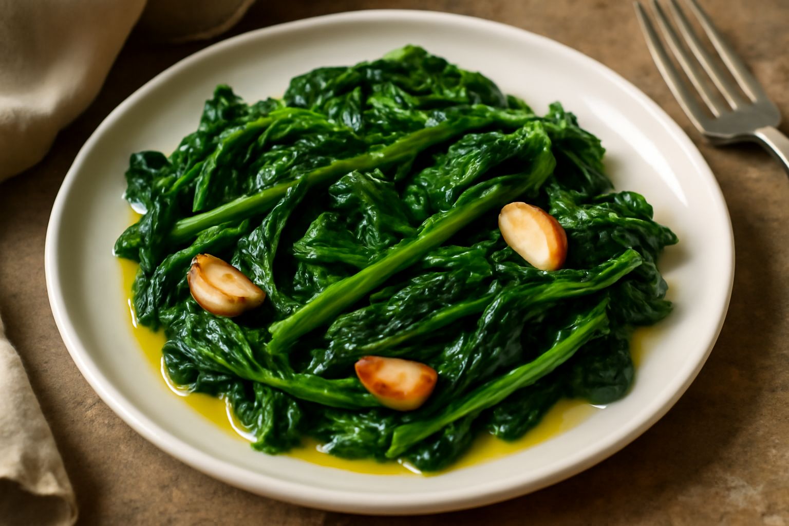 Erbette saltate verdi brillanti in un piatto bianco, con spicchi d'aglio dorato e gocce d'olio extravergine visibile, vapore ancora presente