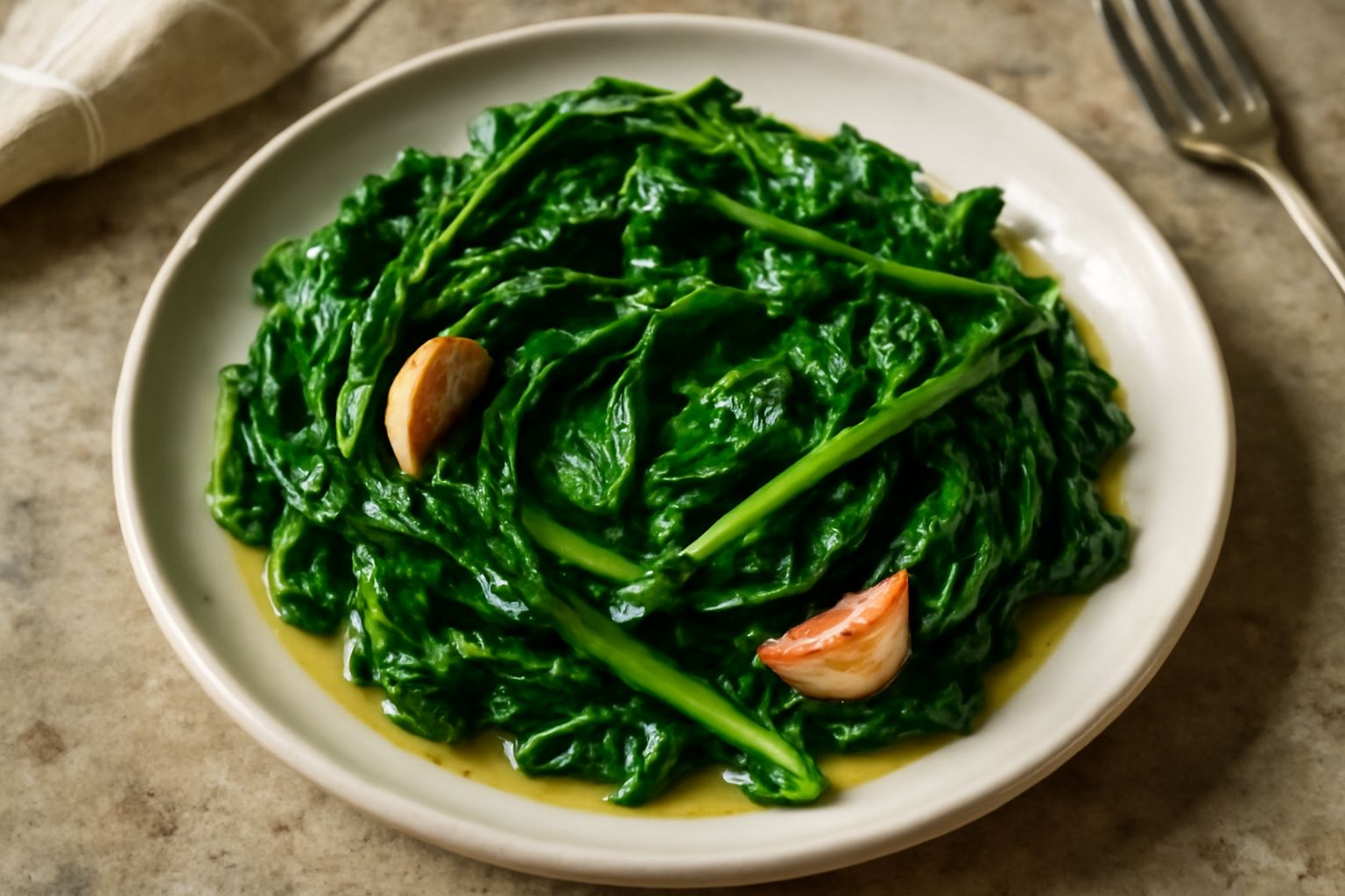 Erbette verde scuro saltate in padella, ancora umide, con spicchi d'aglio dorato e gocce di olio lucido, servite su piatto bianco con contorno di pane integrale