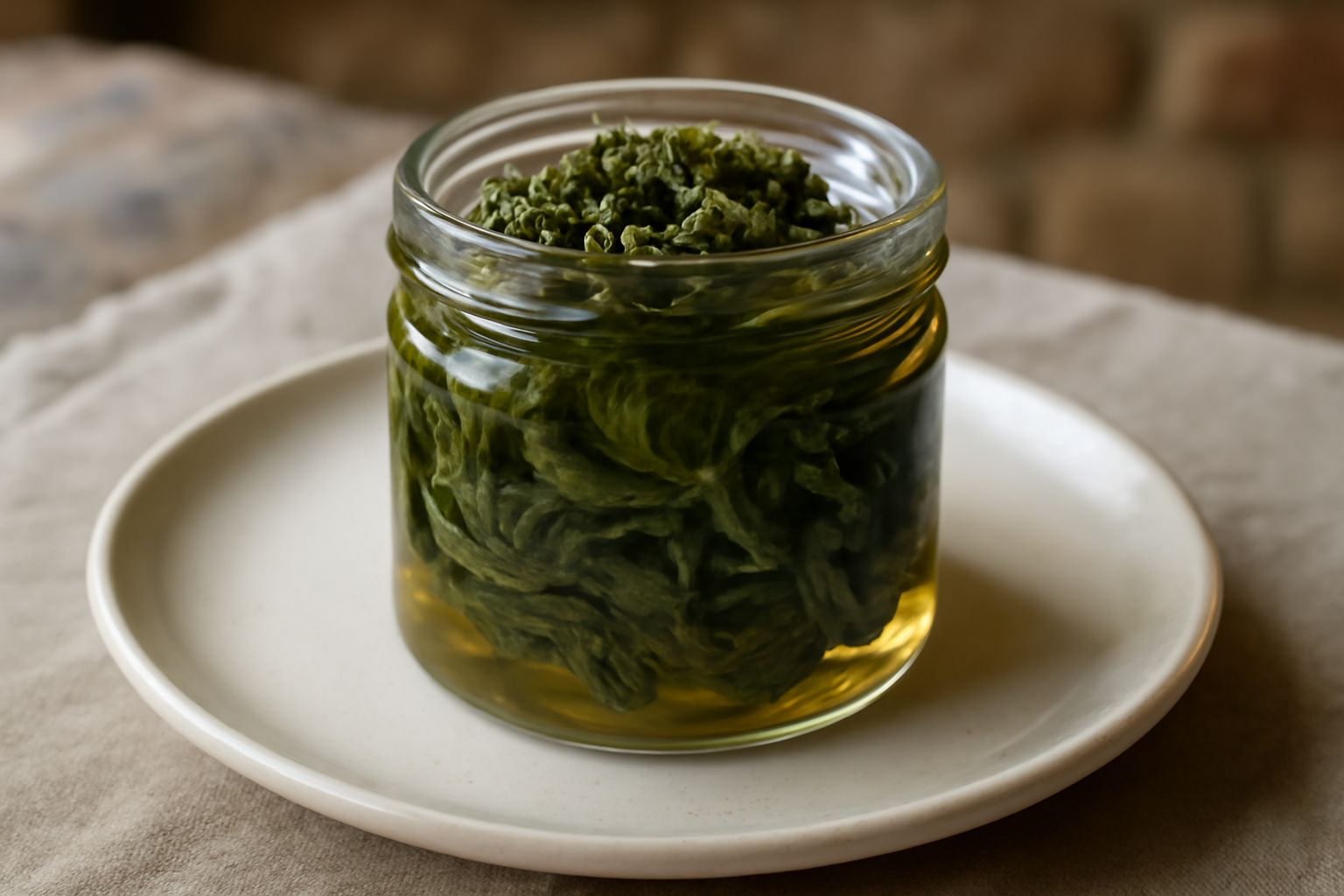 Vasetto di vetro trasparente con erbette selvatiche verde scuro immerse in olio dorato trasparente, erbe appena visibili sotto la superficie, etichetta bianca sul bordo, luce naturale da destra che il