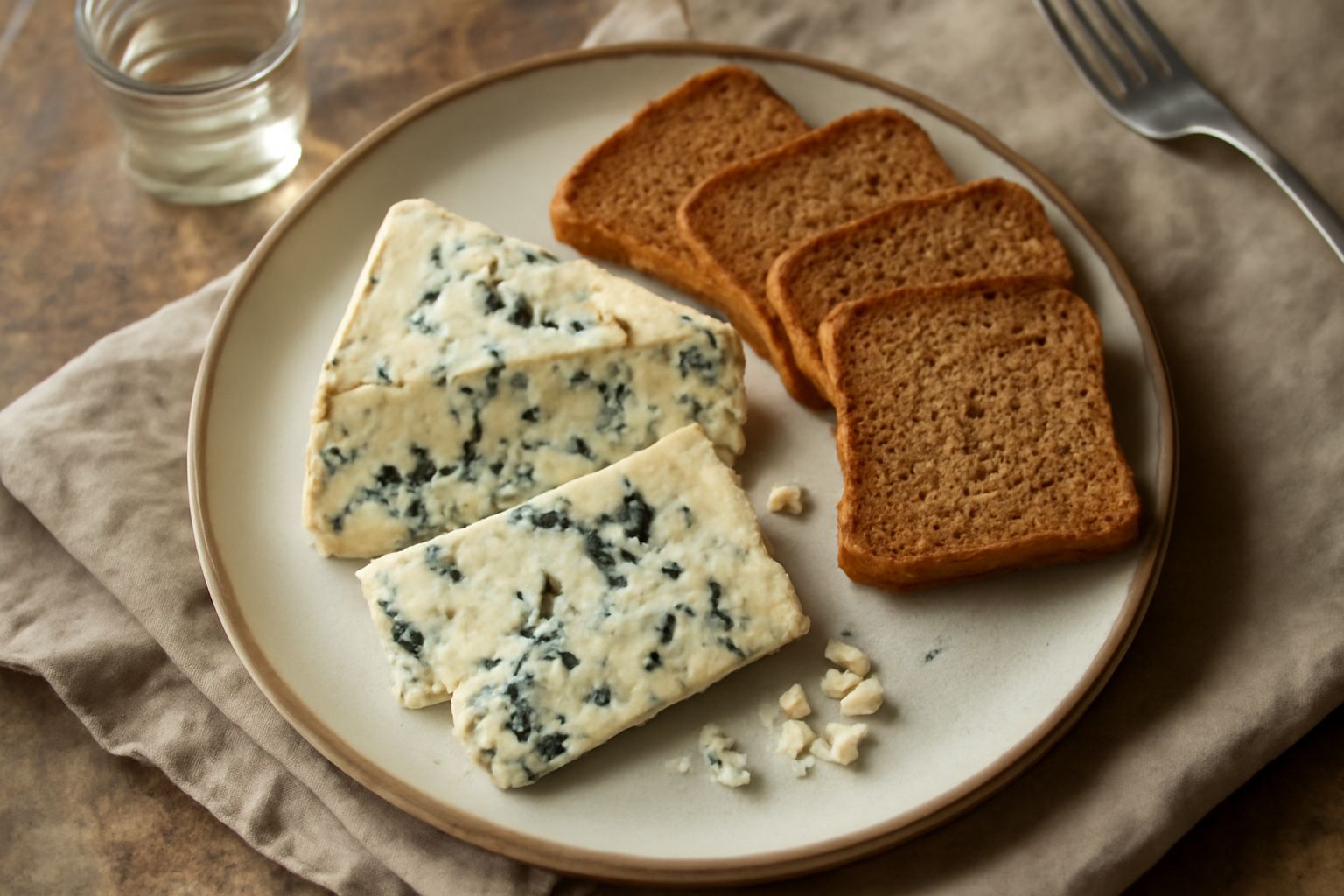Fetta di formaggio erborinato di Casalmaggiore con venature verdi su un tagliere di legno, accompagnato da pane tostato e miele