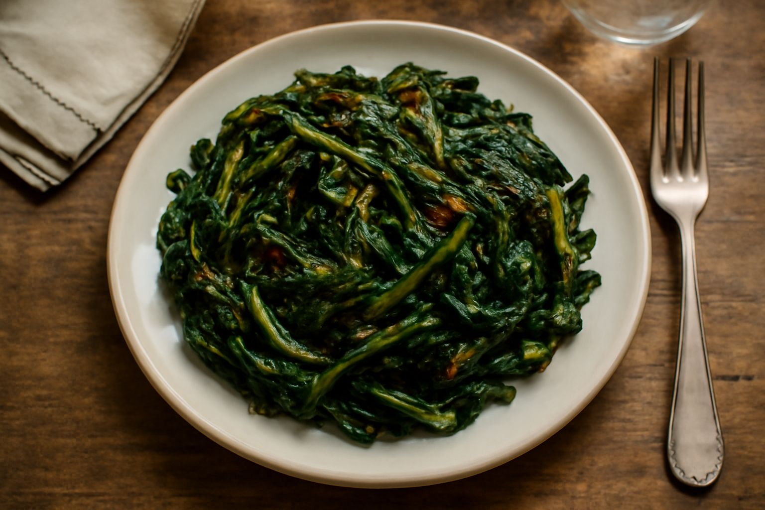 Erbucce ripassate verde scuro, croccanti e oleose, in un piatto bianco con spicchi d'aglio dorato e gocce d'olio extravergine sparsi in superficie