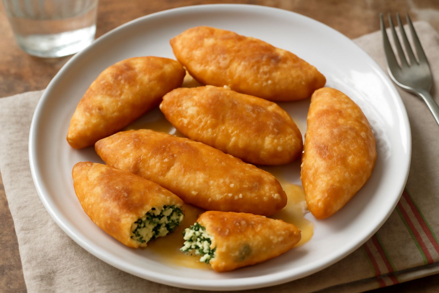 Erbucciadas dorate e croccanti disposte su un piatto di ceramica bianca, ricoperte di miele fluido, con erbette verdi visibili nella farcitura dai bordi leggermente aperti, guarnite da un rametto di m