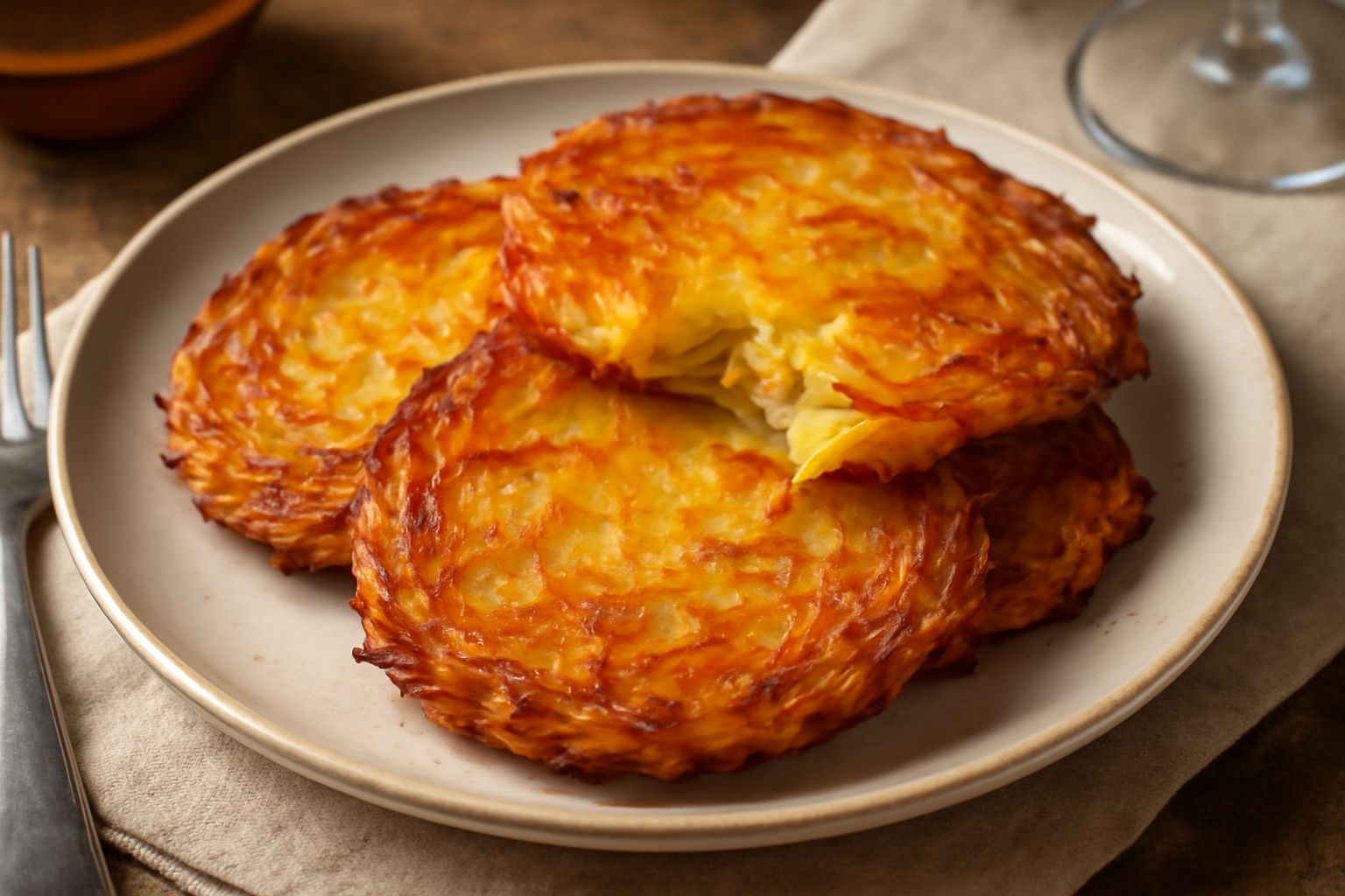 Due frittelle dorate di patata grattugiata e cipolla appoggiate su un piatto bianco, croccanti in superficie con bordi ondulati, accompagnate da una ciotola di panna acida sulla destra