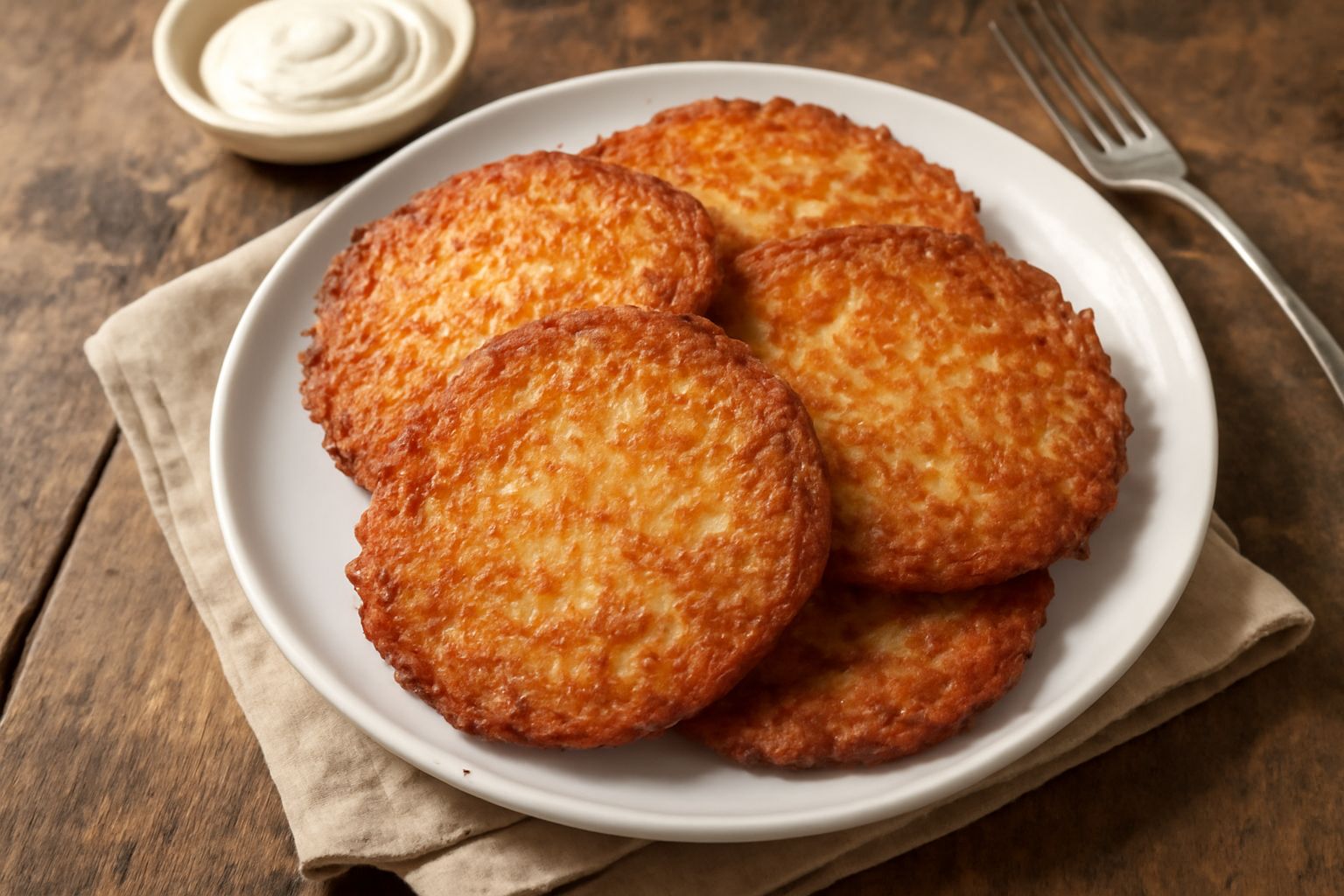 Quattro frittelle di patate dorate e croccanti appoggiate su carta assorbente bianca, servite con una ciotola di composta di mele rossa sul lato, vapore ancora visibile