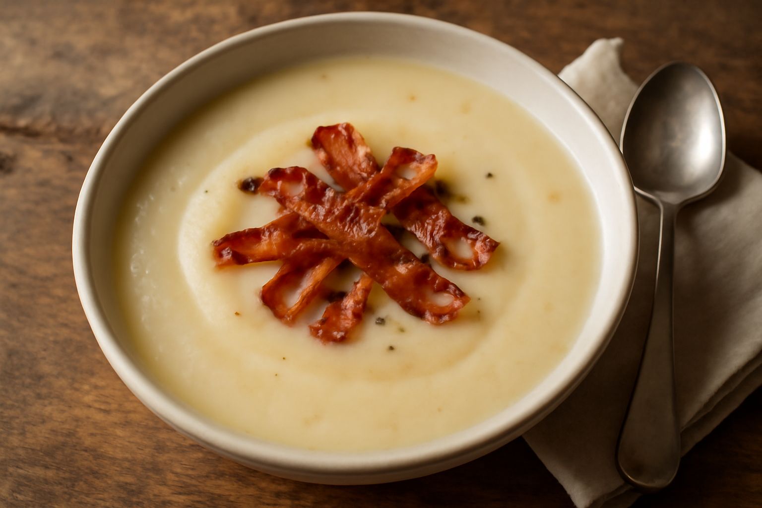 Ciotola di ceramica bianca colma di zuppa di patate cremosa color avorio, guarnita con pezzetti di bacon croccante e prezzemolo fresco tritato finemente, vapore appena visibile